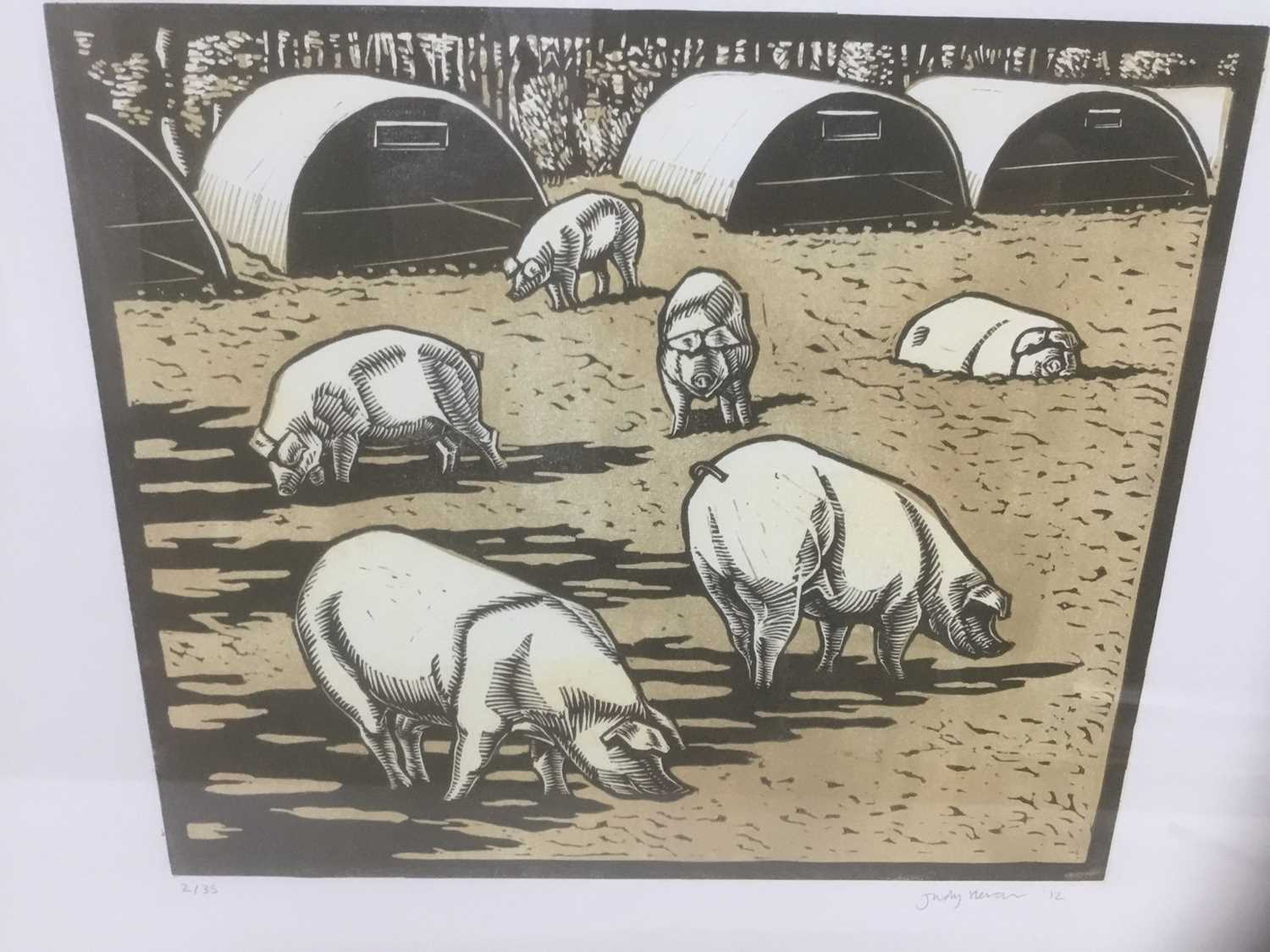 Lot 81 - Contemporary, signed limited edition linocut - Pigs, 2/35, indistinctly signed and dated '12, 37cm x 55cm