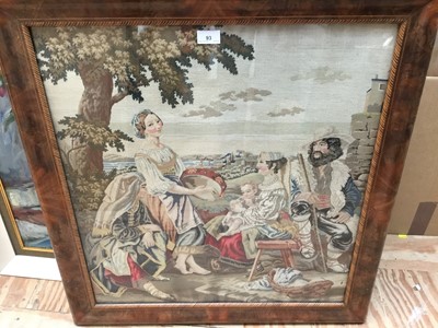 Lot 203 - Antique needlework panel depicting a family group being entertained by a musician, 66cm x 60cm, in mahogany frame with inlaid slip