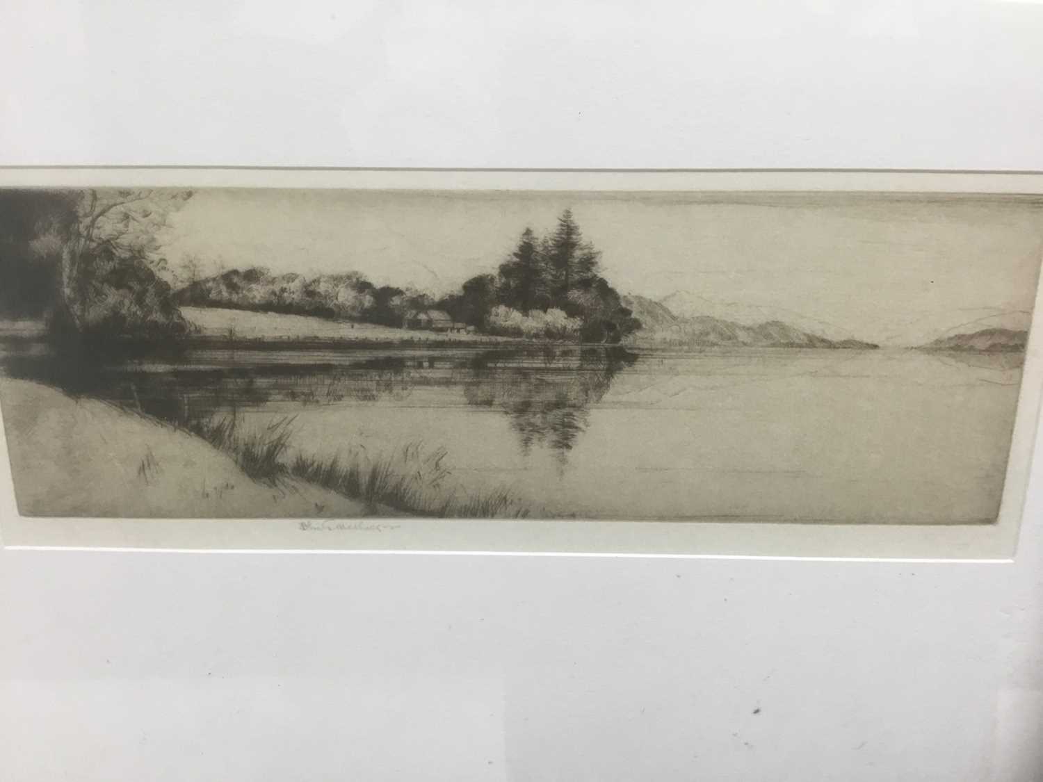 Lot 228 - John George Matheison (act. 1918-1940) signed etching - Loch Ard, 9cm x 24cm, in glazed frame