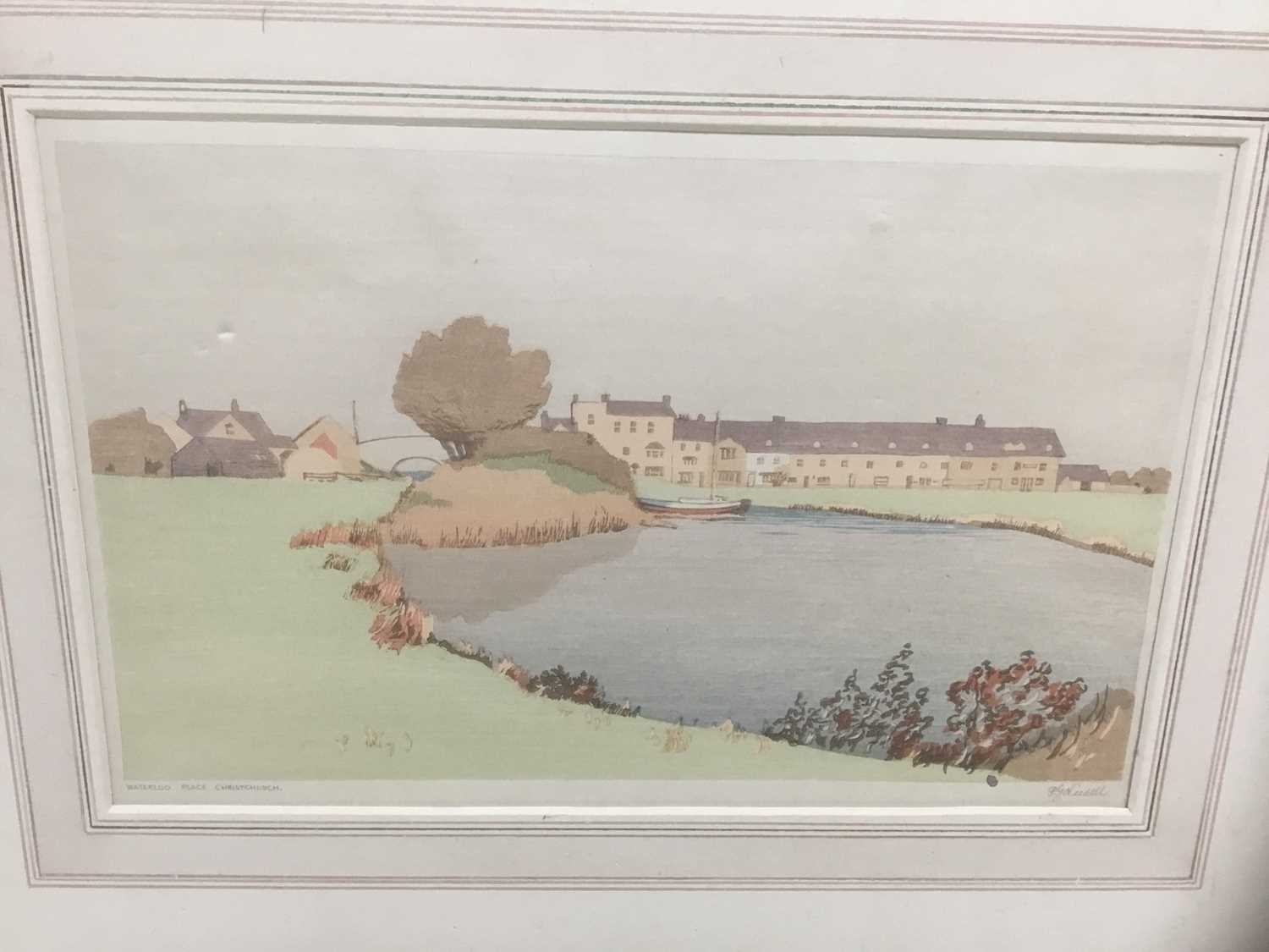 Lot 169 - Philip G Needell (1886-1974) signed colour woodcut - Waterloo Place, Christchurch, 21cm x 32cm, mounted