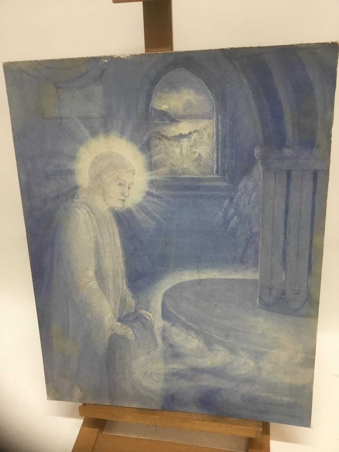 Lot 172 - Late Victorian Pre-Raphaelite watercolour - religious figure in blue, unframed, 56cm x 45cm