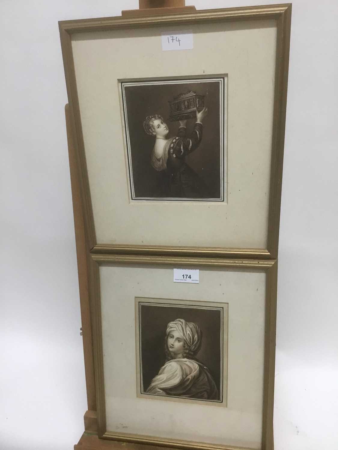 Lot 174 - Attributed to George Perfect Harding (1781-1853) pair of monochrome watercolours - Titian's Daughter and Beaumaris, circa 1832, 15cm x 12.5cm, in gilt frames