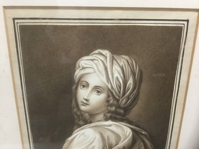Lot 260 - Attributed to George Perfect Harding (1781-1853) pair of monochrome watercolours - Titian's Daughter and Beaumaris, circa 1832, 15cm x 12.5cm, in gilt frames