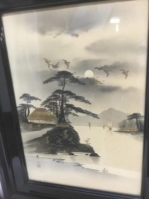 Lot 257 - Pair of early 20th century Japanese ink and gold paint lake landscapes, signed, 41cm x 29cm, in glazed ebonised frames