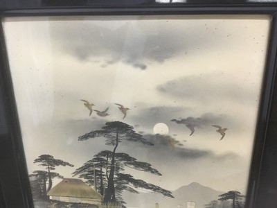 Lot 67 - Pair of early 20th century Japanese ink and gold paint lake landscapes, signed, 41cm x 29cm, in glazed ebonised frames