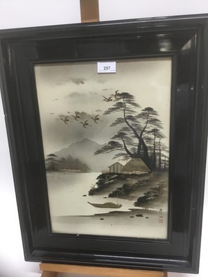 Lot 67 - Pair of early 20th century Japanese ink and gold paint lake landscapes, signed, 41cm x 29cm, in glazed ebonised frames