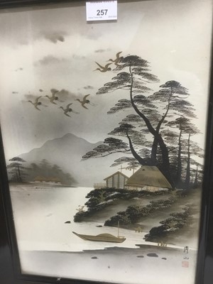 Lot 257 - Pair of early 20th century Japanese ink and gold paint lake landscapes, signed, 41cm x 29cm, in glazed ebonised frames