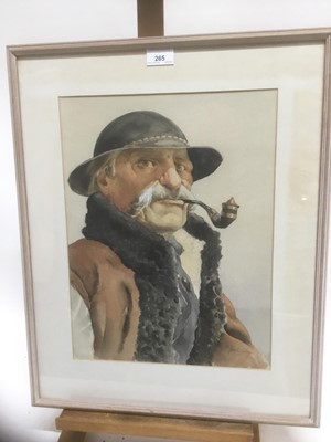Lot 265 - Continental School, watercolour - portrait of a Tyrolean pipe smoking man, indistinctly signed, 41cm x 31cm, in glazed frame