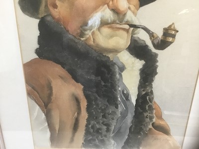 Lot 265 - Continental School, watercolour - portrait of a Tyrolean pipe smoking man, indistinctly signed, 41cm x 31cm, in glazed frame