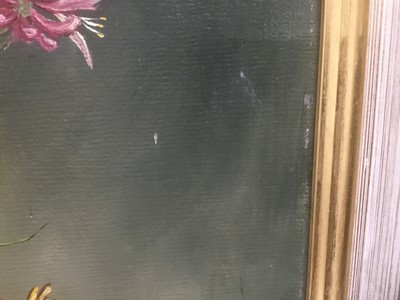Lot 269 - Elizabeth Meek, 20th , oil on board - still life of summer flowers in a vase, signed, 38cm x 43cm, in gilt frame