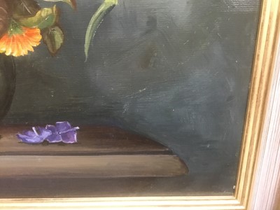 Lot 269 - Elizabeth Meek, 20th , oil on board - still life of summer flowers in a vase, signed, 38cm x 43cm, in gilt frame
