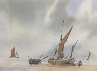 Lot 233 - Frederick H. Brown, watercolour - fisherfolk on the Suffolk coast, signed, 35cm x 51cm, in glazed gilt frame