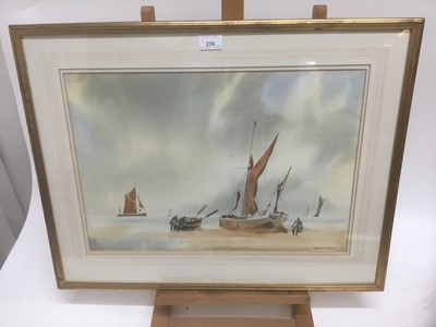Lot 270 - Frederick H. Brown, watercolour - fisherfolk on the Suffolk coast, signed, 35cm x 51cm, in glazed gilt frame