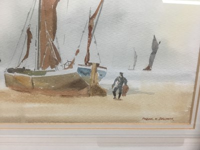 Lot 270 - Frederick H. Brown, watercolour - fisherfolk on the Suffolk coast, signed, 35cm x 51cm, in glazed gilt frame