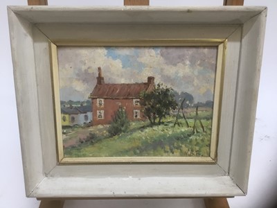 Lot 273 - Hugh Boycott Brown (1909-1990) oil on board, Lavender Cottages, 19 x 22cm signed and inscribed verso, framed