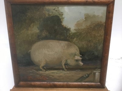 Lot 274 - English School, oil on board, Portrait of a pig, indistinctly signed and dated, 20 x 25cm, framed
