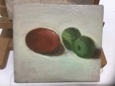 Lot 281 - Marcia Blakenham (b. 1946), three oils on canvas - still life of fruit and vessels, unframed, 21cm x 23cm and 25.5cm x 20.5cm