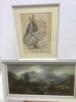 Lot 239 - Continental school, early 20th century, watercolour over print, can can girl, 31 x 22cm, together with an oil on canvas laid down onto board, highland landscape., 28 x 59cm, both framed