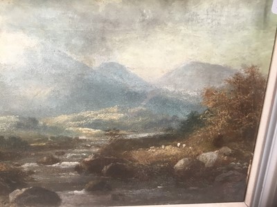 Lot 277 - Continental school, early 20th century, watercolour over print, can can girl, 31 x 22cm, together with an oil on canvas laid down onto board, highland landscape., 28 x 59cm, both framed