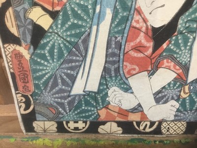 Lot 295 - 19th century Japanese woodblock - Utagawa Kunisada, a group of actors, 1854, unframed, 37cm x 25.5cm