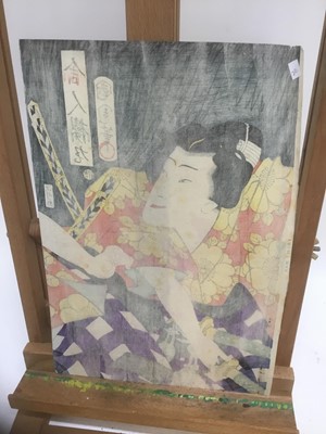 Lot 297 - 19th century Japanese woodblock - Toyohara Kunichika 1866, Actor Sanamura Tanosuke III as Toneri Sakuranaru, published Iseya Rihei blockcutter Sugawa Sennosuke, unframed, 36cm x 24cm
