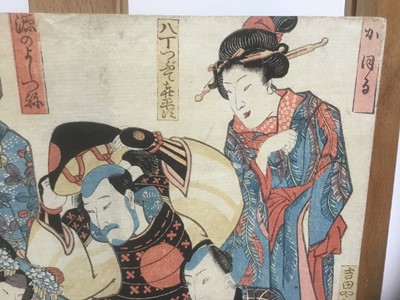 Lot 298 - 19th century Japanese woodblock - Utagawa Kuniyoshi, A Group of Actors, 1848, unframed, 37cm x 25cm