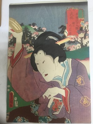 Lot 113 - 19th century Japanese woodblock - Utagawa Kunisada, from 69 Stations of Kisokado Road, no. 67: Musa, an actor Onoe Matsusuke, 1852, published Enshuya Hikobei, unframed, 37cm x 24.5cm