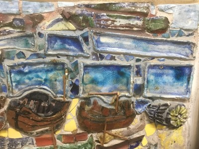 Lot 316 - Contemporary, late 20th century, ceramic and mixed media panel - Harbour view, 55cm x 61cm, in aluminium frame