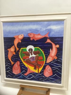 Lot 317 - Stanley Marek, late 20th century, oil on canvas - entitled "Sleeping Sambo's Jumping Fish Dream", signed, titled and dated 1998 verso, 61cm square, framed