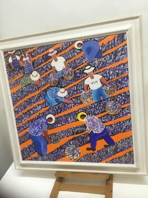 Lot 318 - Stanley Marek, late 20th century, oil on canvas - entitled "Working The Lavender on Hensons Hilltop Farm", signed, titled and dated 1998 verso, 66cm square