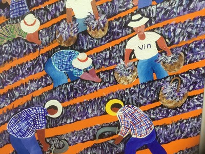 Lot 318 - Stanley Marek, late 20th century, oil on canvas - entitled "Working The Lavender on Hensons Hilltop Farm", signed, titled and dated 1998 verso, 66cm square