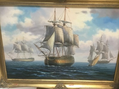 Lot 321 - James Hardy, 20th century, oil on canvas laid on board - a Naval Engagement, signed, 50cm x 75cm, in gilt frame