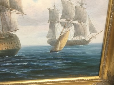 Lot 321 - James Hardy, 20th century, oil on canvas laid on board - a Naval Engagement, signed, 50cm x 75cm, in gilt frame