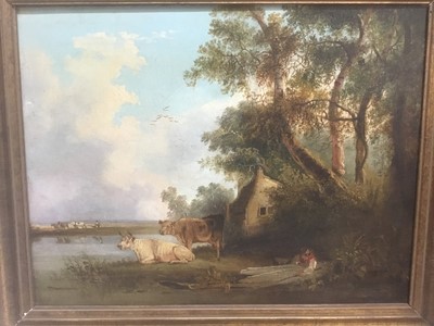 Lot 323 - Attributed to Samuel David Colkett (1806-1863) oil on canvas - rural landscape with cattle and herdsman at rest, 34cm x 44cm, in gilt frame