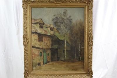 Lot 1115 - Alfred Frederick William Hayward (1856-1939) oil on canvas - Barn at Low Farm, Elsworrh provenance - by family descent from the artisT