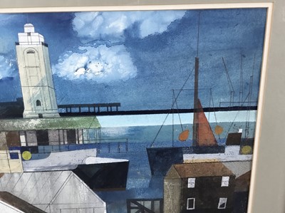 Lot 1099 - Henry Collins (1910-1994) mixed media, Tollesbury - coastal scene with tower, signed and dated ‘91