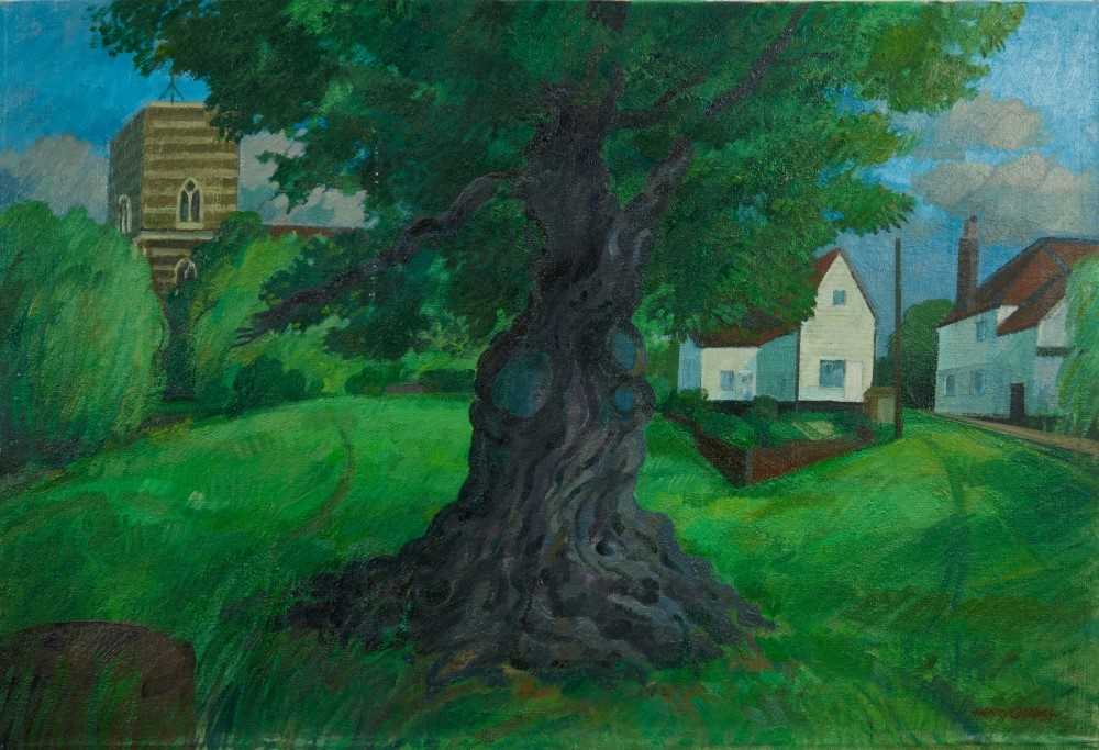 Lot 1100 - Henry Collins (1910-1994) oil on canvas, laid down onto board, ‘Old oak, Fingringhoe’, signed, inscribed and dated 1984 verso.