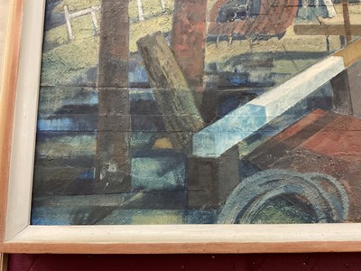 Lot 1098 - Henry Collins (1910-1994) oil and collage on board, Tollesbury harbour scene, signed and dated ‘87
