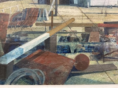 Lot 1098 - Henry Collins (1910-1994) oil and collage on board, Tollesbury harbour scene, signed and dated ‘87