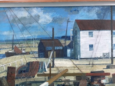 Lot 1098 - Henry Collins (1910-1994) oil and collage on board, Tollesbury harbour scene, signed and dated ‘87