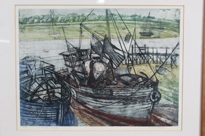 Lot 1101 - *Richard Bawden (b. 1936) etching and aquatint in colours, On the mud, Wivenhoe, signed and numbered 4/75.