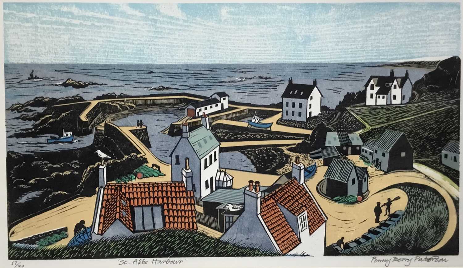 Lot 116 - Penny Berry Paterson (1941-2021) colour linocut - St Abbs Harbour, signed and numbered 17/20