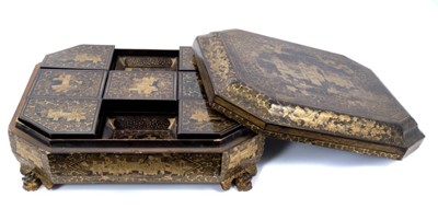 Lot 809 - Early 19th century Chinese black lacquered box, mother-of-pearl gaming counters