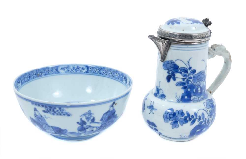 Lot 2 - Chinese Kangxi porcelain jug and cover with later silver mount, together with a bowl (2)