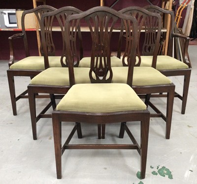 Lot 858 - Set of six George III style mahogany dining chairs, each with arched pierced back and slip in seat, to include a pair of carvers