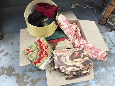 Lot 41 - An assortment of needlework and tapestry cushion covers and a similar bedspread, together with a roll of toile de jouy fabric, three vintage ladies hats, two by London designers