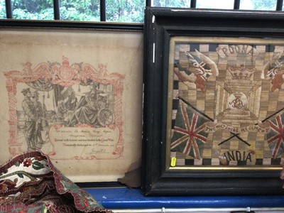Lot 55 - First World War discharge certificate mounted in glazed frame together with a First World War period Wiltshire regiment wool work tapestry, also mounted in glazed frame. (2)