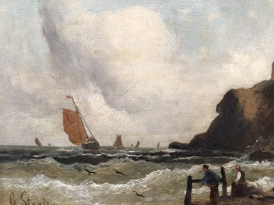 Lot 1 - G. Stanley, late 19th century oil on canvas - shipping off the coast with castle ruins, signed, 24cm x 45cm, in gilt frame