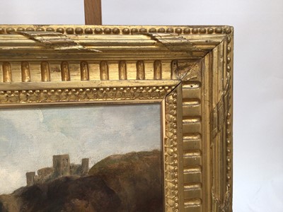 Lot 1 - G. Stanley, late 19th century oil on canvas - shipping off the coast with castle ruins, signed, 24cm x 45cm, in gilt frame