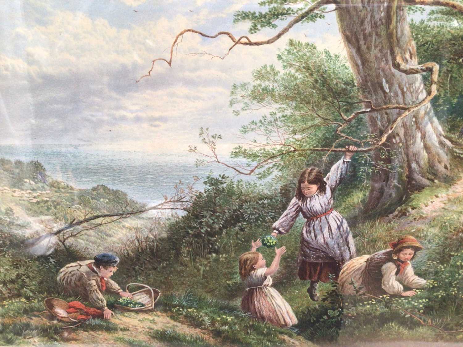Lot 2 - After Miles Birket Foster, Edwardian coloured print - Picking Wild Flowers, 25cm x 45cm, in 19th century gilt frame